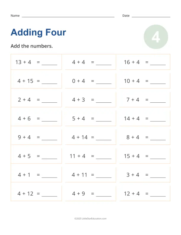 Adding Four to Numbers Within 10 Practice Sheet 3 First grade math worksheet showing addition problems with the number 4 added to single digit numbers