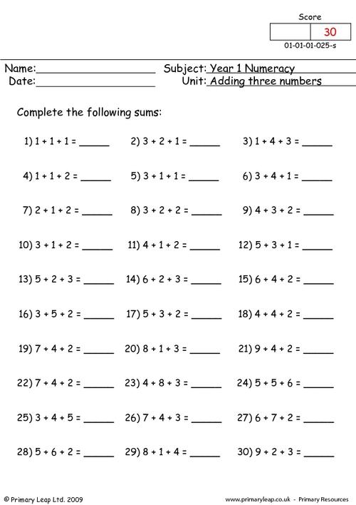 First Grade math worksheet for assessing addition of three numbers with simple problems