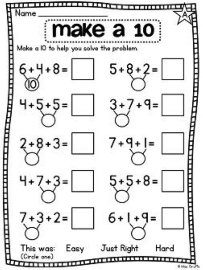 First Grade math worksheet focused on adding three numbers to assess student skills
