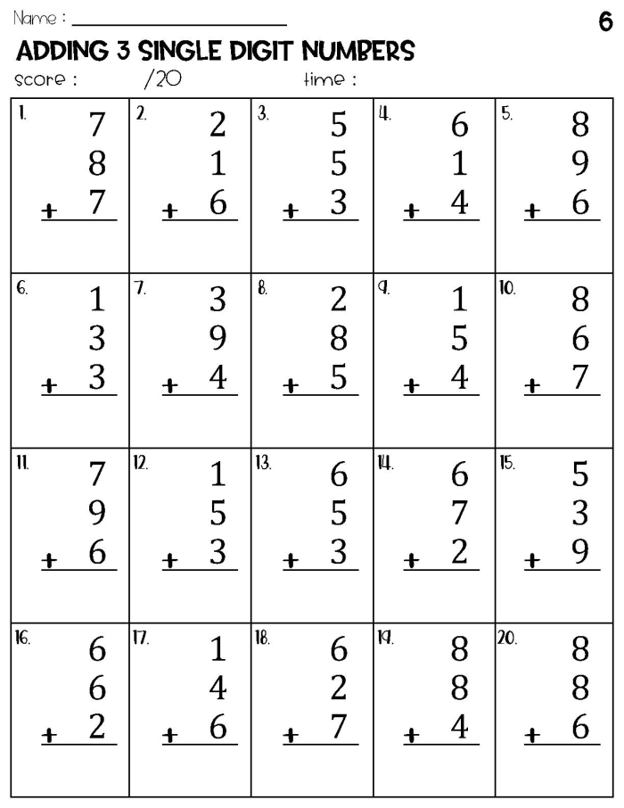 First Grade math worksheet for adding three numbers to assess student skills