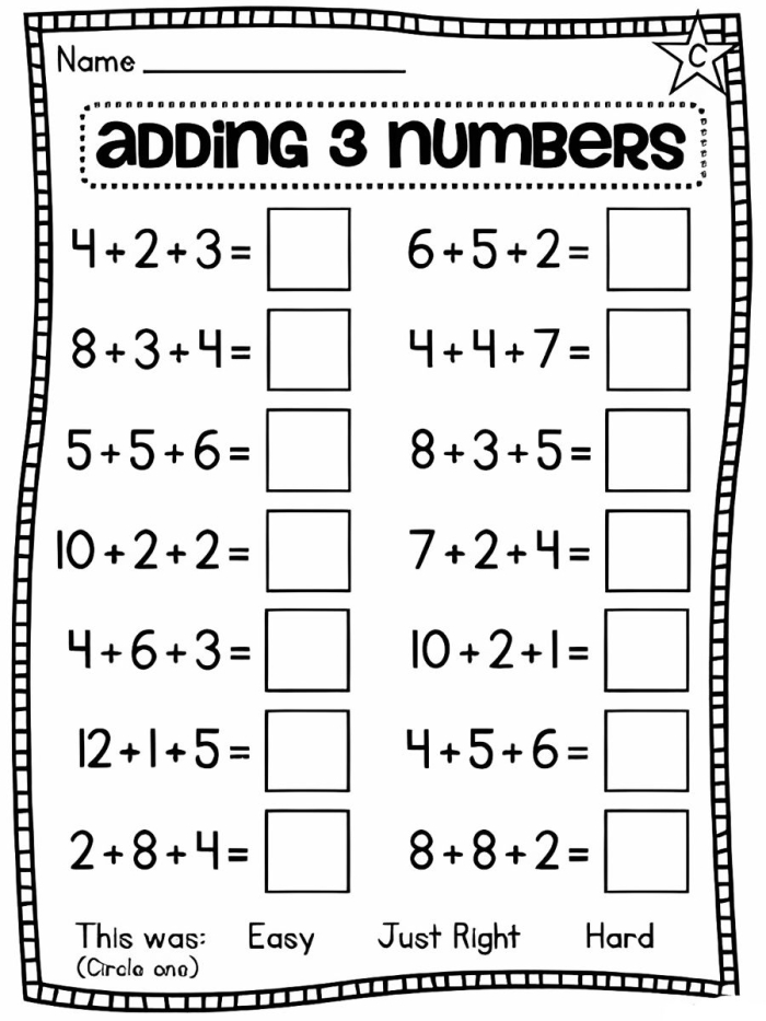 First Grade math worksheet focused on adding three numbers for assessment