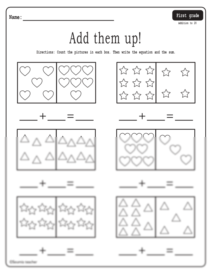 Addition to 20 practice sheet for young learners, image 19 First Grade worksheet focusing on addition problems up to 20 in the context of time and money