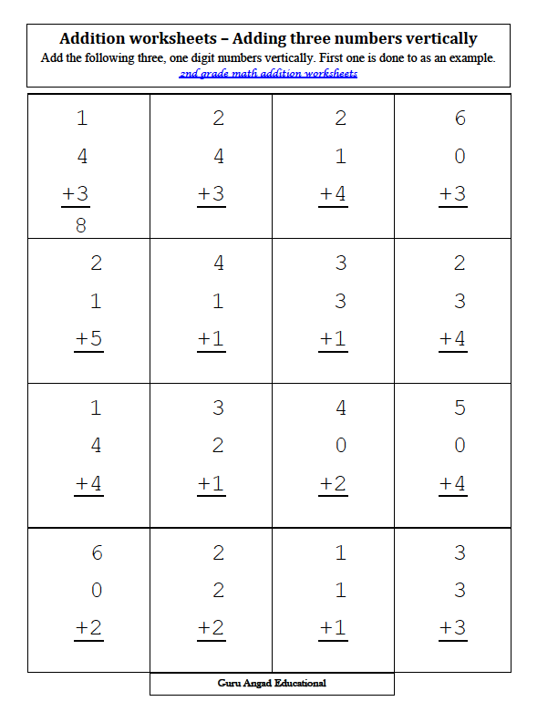 First Grade math worksheet for adding three numbers to assess student skills
