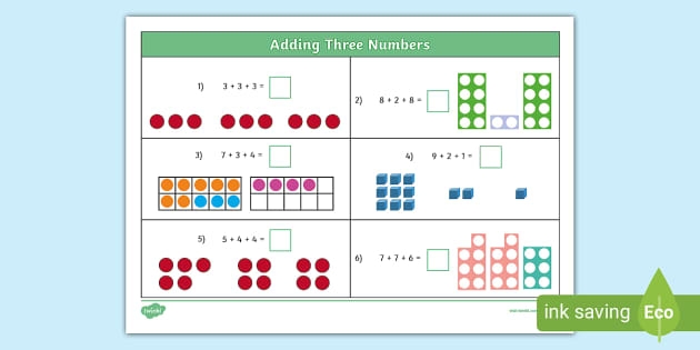 First Grade math worksheet for assessing addition of three numbers