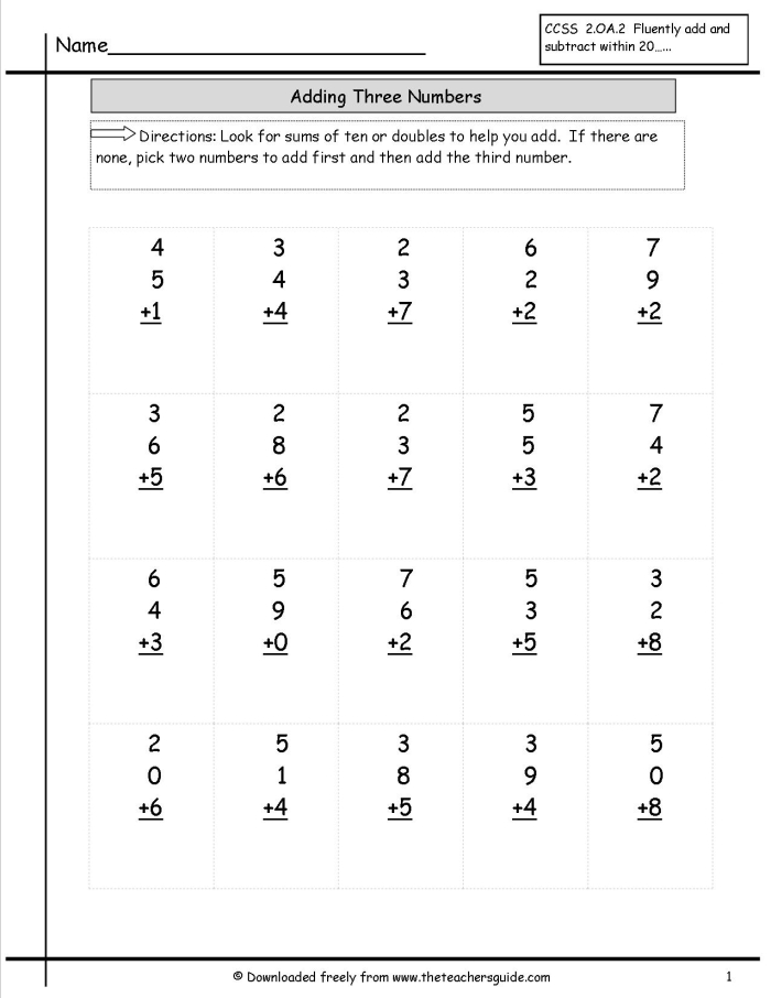 First Grade math worksheet focused on adding three numbers for assessment