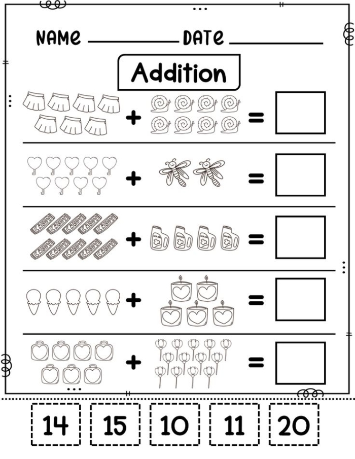 Worksheet 7 for practicing addition skills within 20 in a fun way First Grade Addition to 20 worksheet focusing on time and money problems