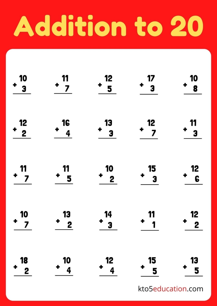 Addition to 20 practice sheet for young learners in time and money category, image 18 First Grade Time and Money worksheet focusing on addition problems up to 20