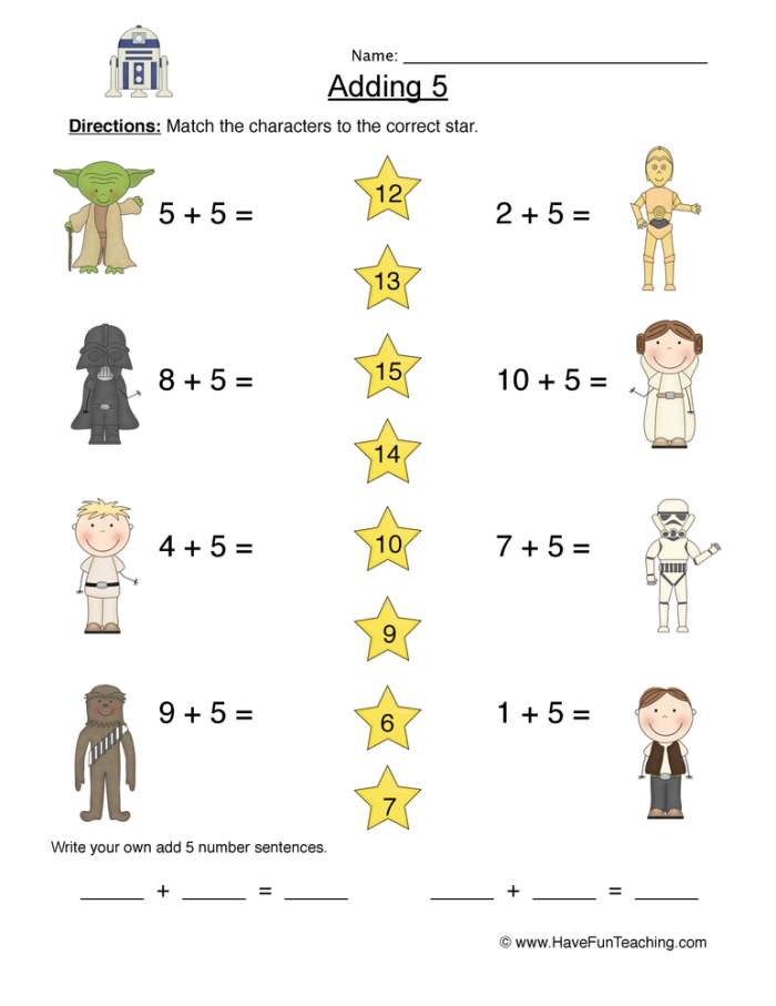 First Grade worksheet practicing addition by adding five to numbers up to ten