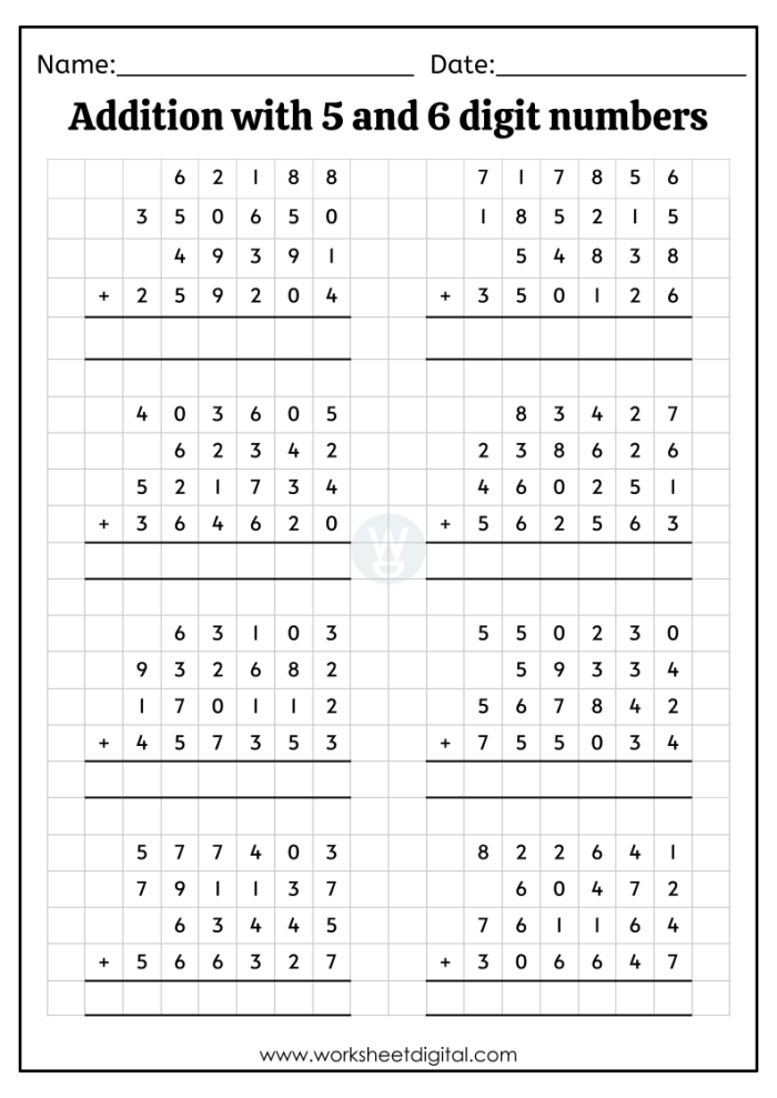 First Grade math worksheet for practicing addition of five to numbers up to ten