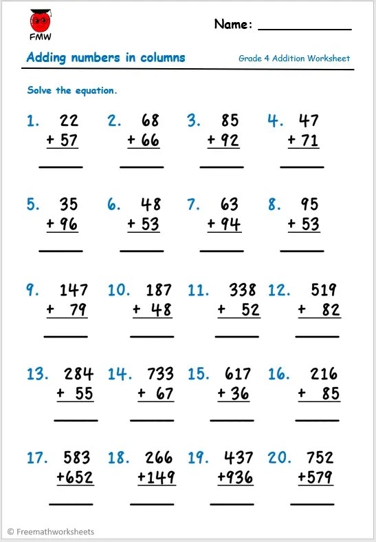 Adding Four to Numbers Within 10 Practice Sheet 7 First grade addition worksheet showing practice problems for adding 4 to single digit numbers with colorful illustrations