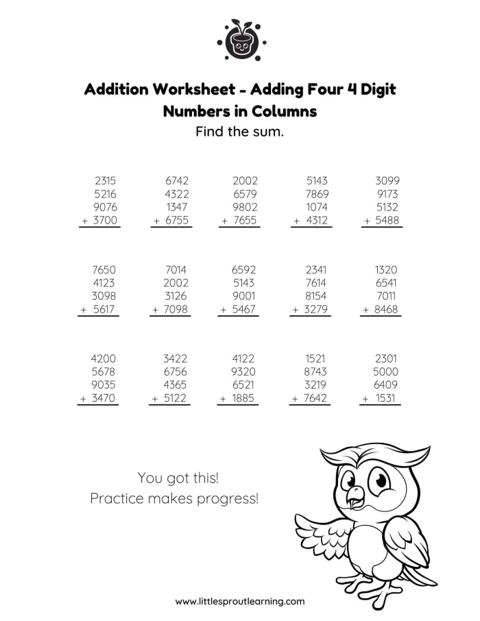 Adding Four to Numbers Within 10 Practice Activity 5 First grade addition worksheet showing practice problems for adding 4 to single digit numbers