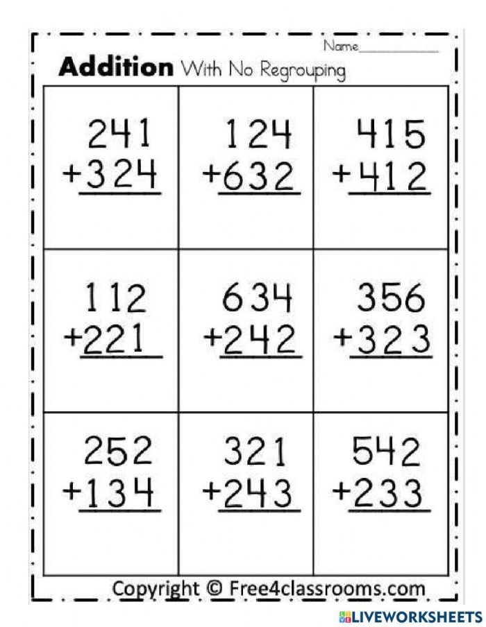 First Grade students practicing addition with three numbers on a colorful worksheet
