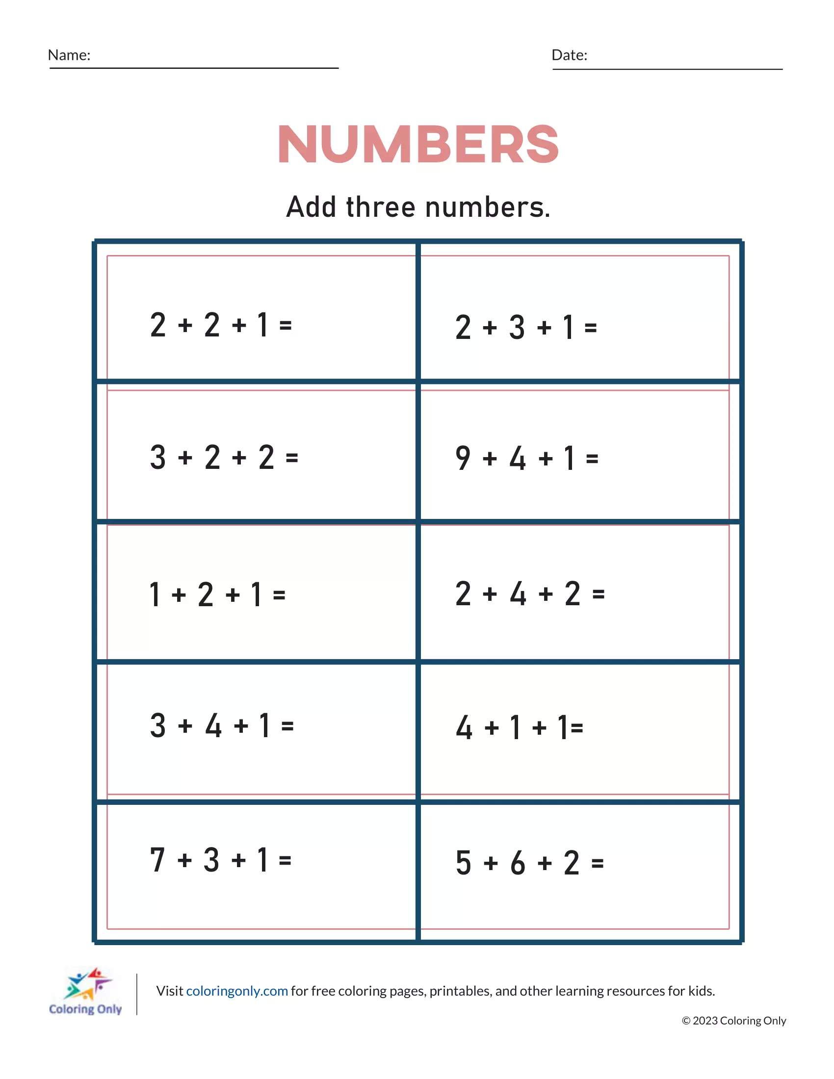 First Grade math worksheet focused on assessing addition of three numbers with simple problems