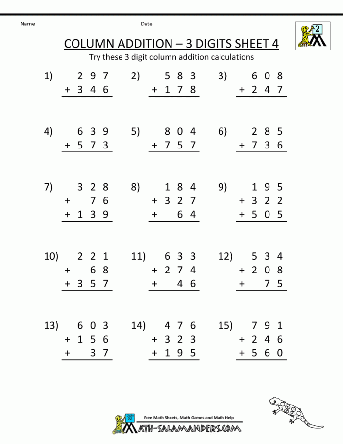 First Grade math worksheet focused on adding three numbers for student assessment
