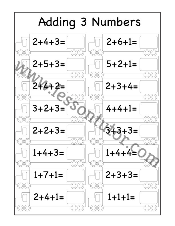 First Grade math worksheet focusing on adding three numbers to assess student skills