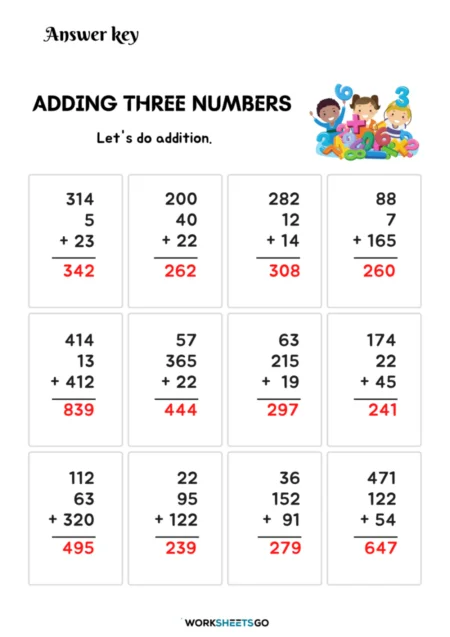 First Grade math worksheet for adding three numbers to assess student skills