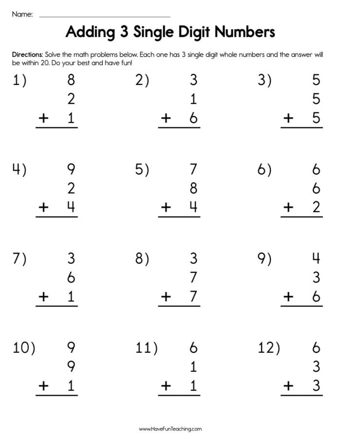 First Grade math worksheet focusing on adding three numbers for assessment