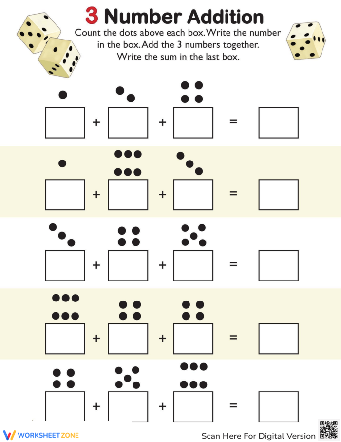 First Grade math worksheet for adding three numbers to assess student skills