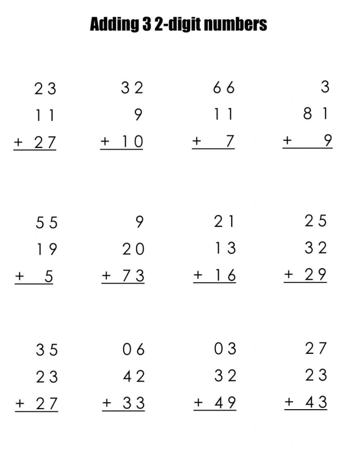 First Grade math worksheet for assessing addition of three numbers with colorful illustrations
