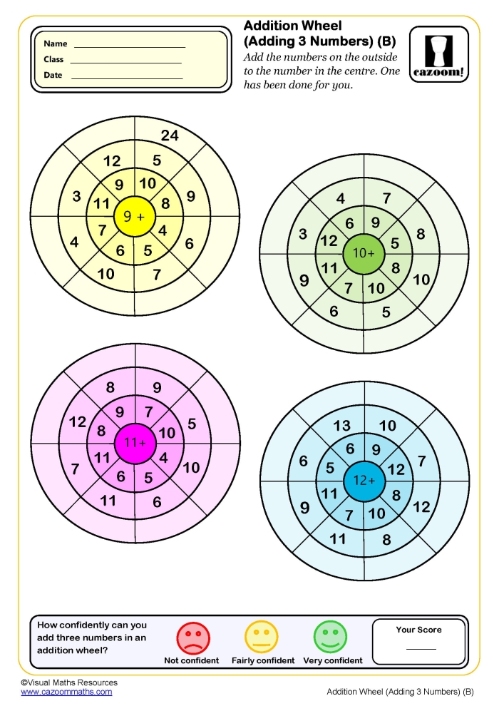 First Grade math worksheet for adding three numbers to assess student skills