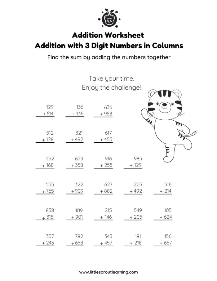 Adding Four to Numbers Within 10 Practice Sheet for Young Learners First grade addition worksheet showing practice problems for adding 4 to single digit numbers with colorful illustrations