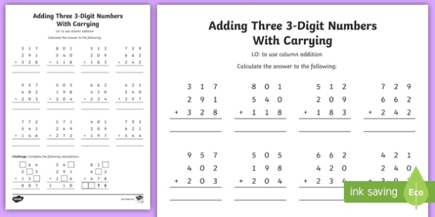 First Grade math worksheet for assessing addition of three numbers with simple problems