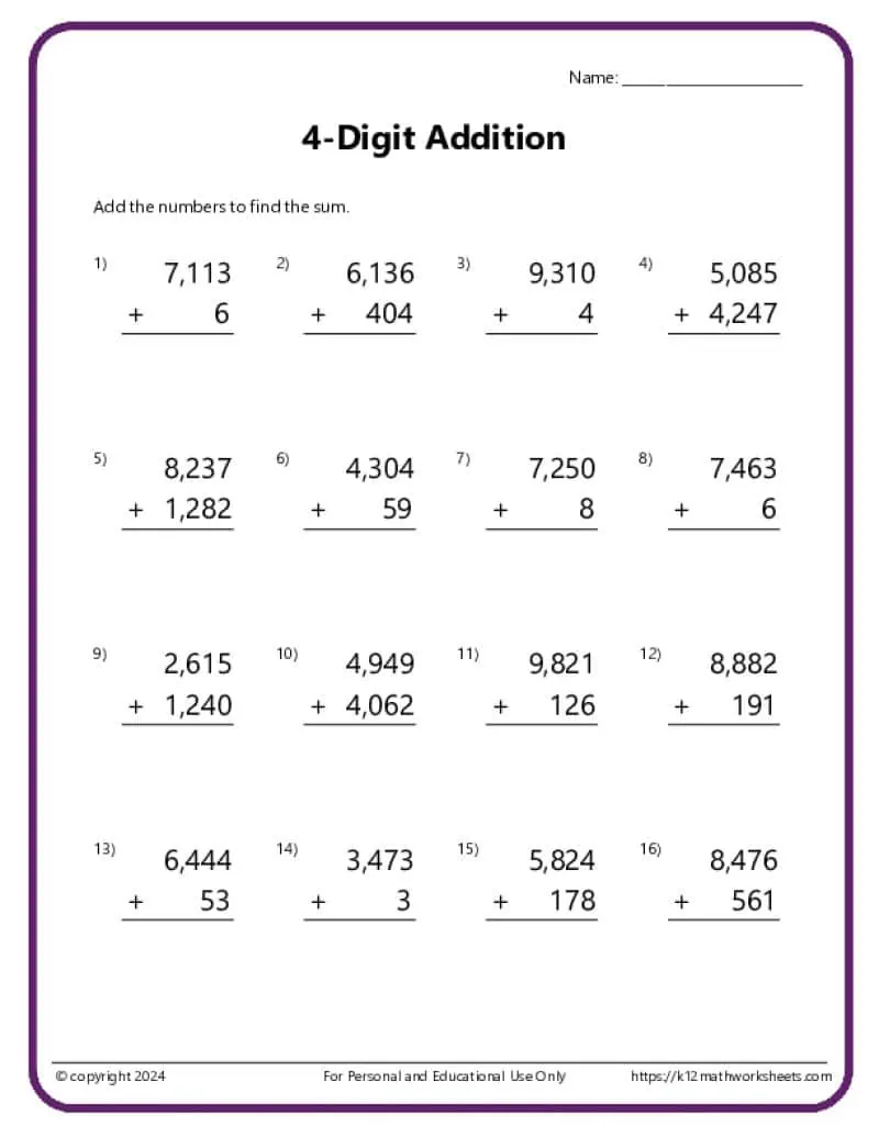 Adding Four to Numbers Within 10 Practice Sheet for Grade 1 First grade addition worksheet showing practice problems for adding four to single digit numbers
