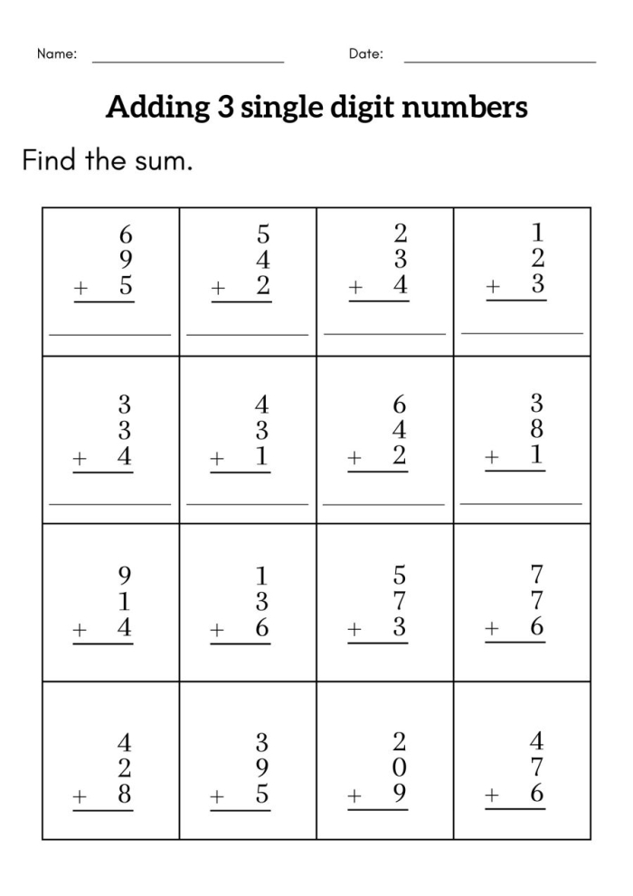 First Grade math worksheet focusing on adding three numbers to assess student skills