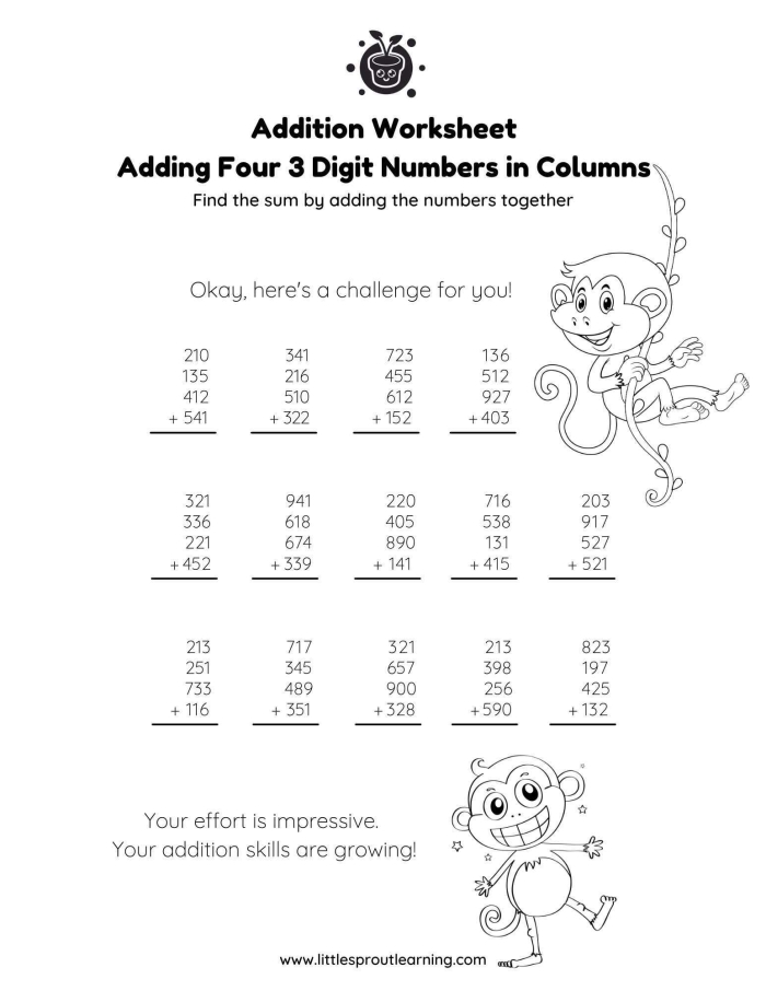 Adding Four Practice Problems for Early Elementary Students First grade math worksheet showing addition problems with the number 4 added to various single digit numbers up to 10