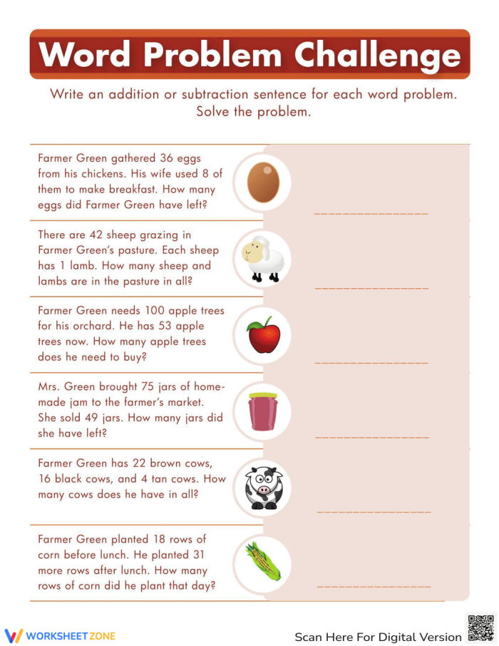 First Grade Word Problem Challenge worksheet featuring farm-themed two-digit addition and subtraction