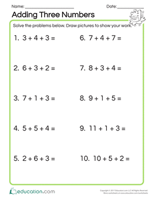 First Grade math worksheet for assessing addition of three numbers with simple problems