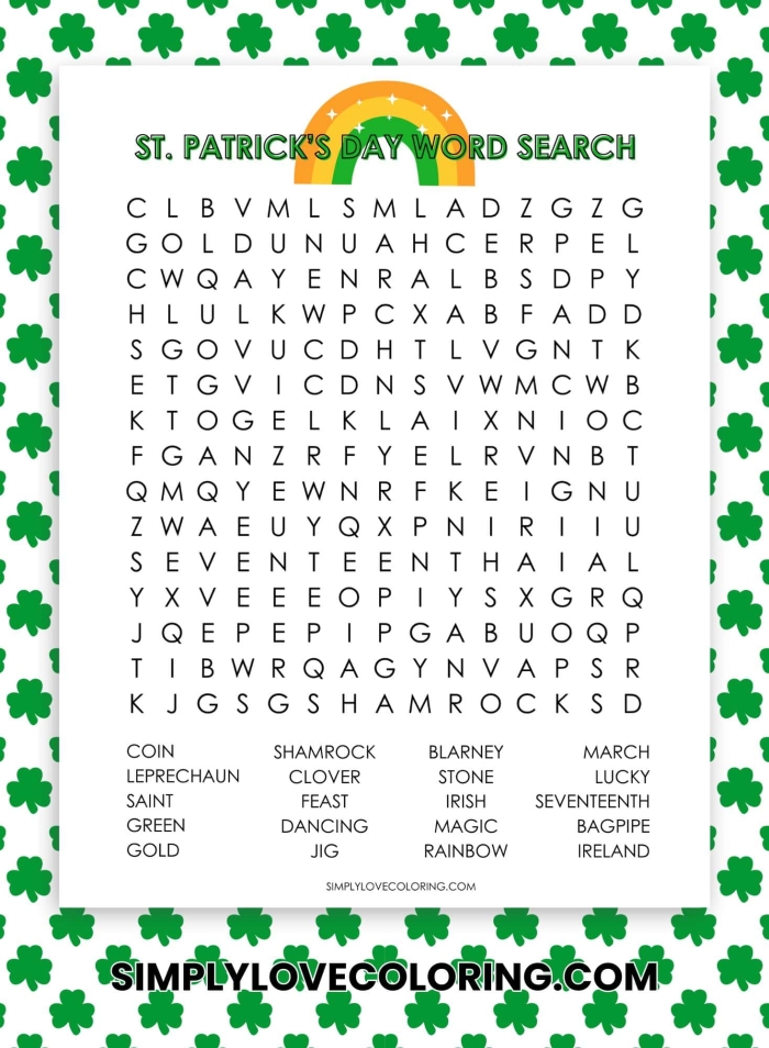 First grade student solving St. Patrick's Day themed addition word problems with leprechaun and shamrock illustrations