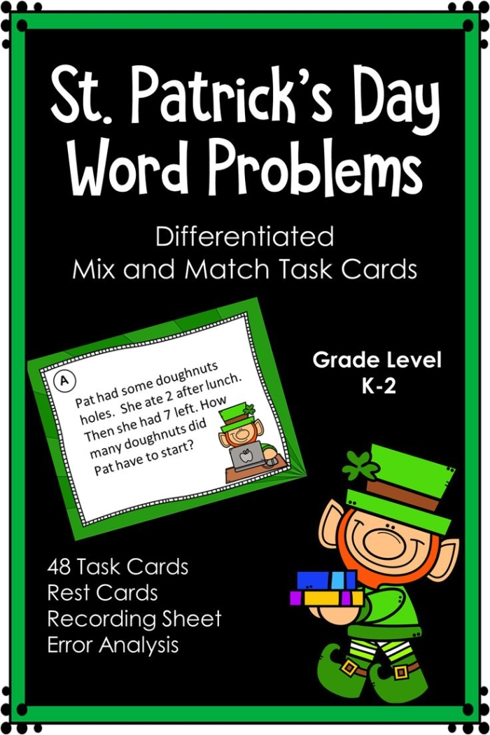 First grade St. Patrick's Day addition word problems worksheet with leprechaun and pot of gold illustrations