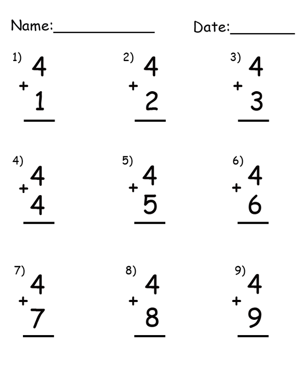 Adding Four Worksheets for First Grade