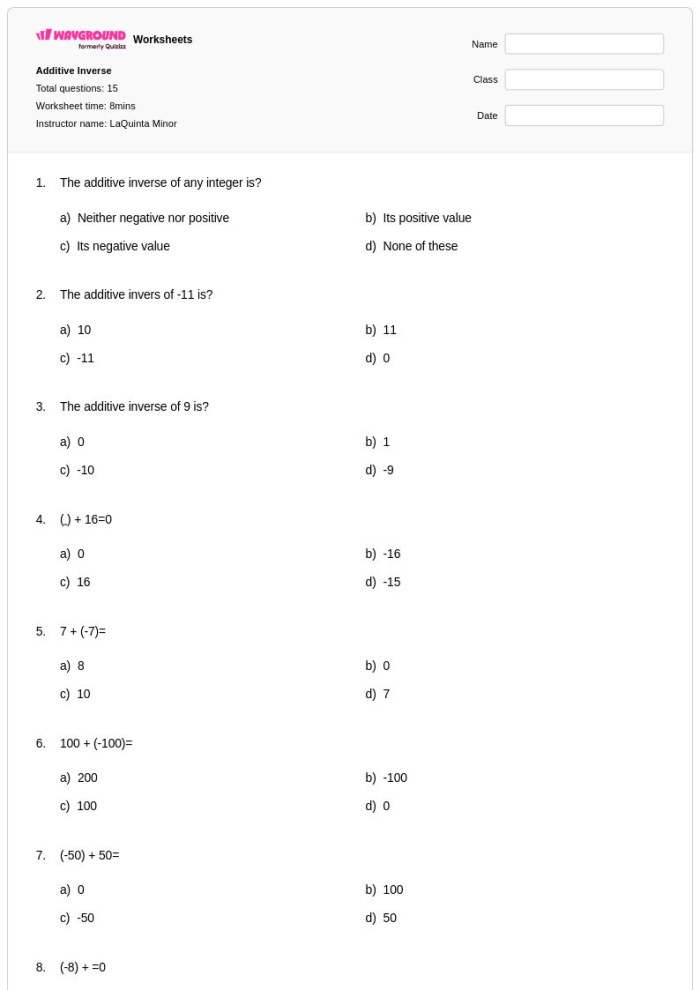 Additive Inverse Practice worksheet page 14 for early math skills First grade worksheet featuring additive inverse exercises for addition practice