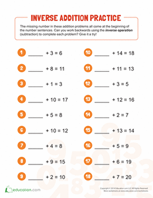 Worksheet 16 focusing on practicing additive inverse concepts in early grammar and mechanics First Grade Additive Inverse Practice worksheet showing addition problems to solve