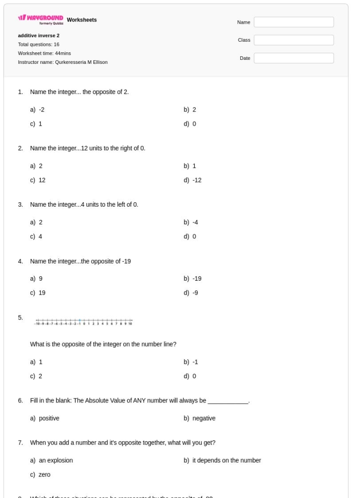 Additive Inverse Practice worksheet for young learners, image 9 in the series First Grade Additive Inverse Practice worksheet featuring simple addition problems