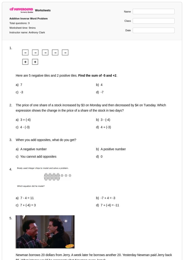 Additive Inverse Practice worksheet for young learners on addition concepts First Grade worksheet focusing on additive inverse problems in addition