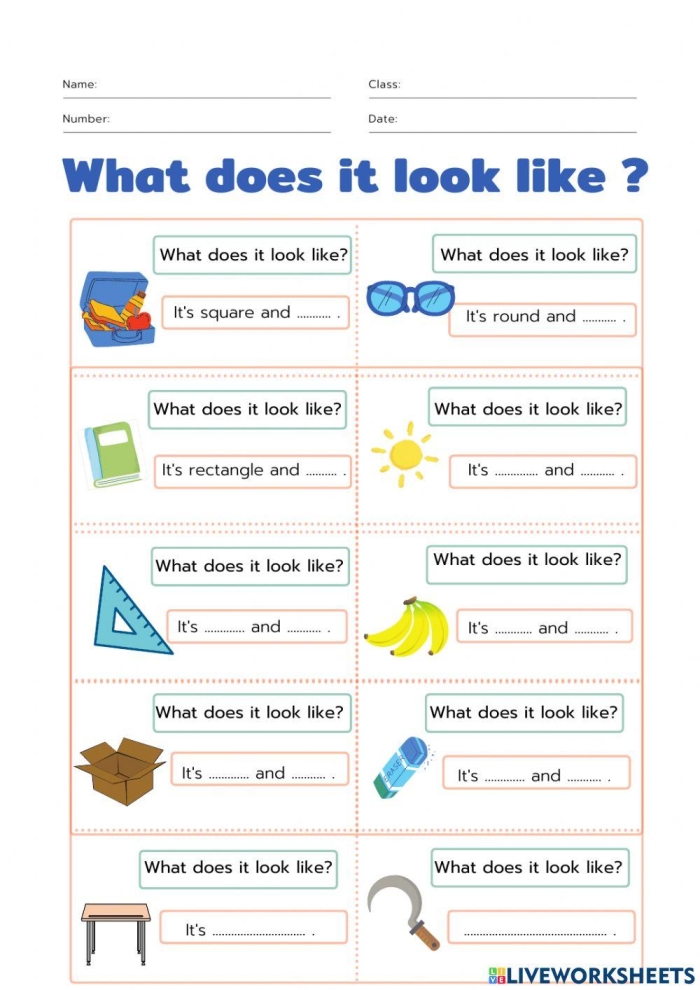 Exploring adjectives with the What Does It Look Like? worksheet for first graders, image 24 First Grade worksheet on describing objects using adjectives from the What Does It Look Like? series