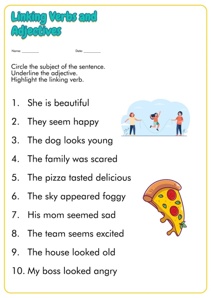 Colorful worksheet for first graders to identify adjectives in pictures