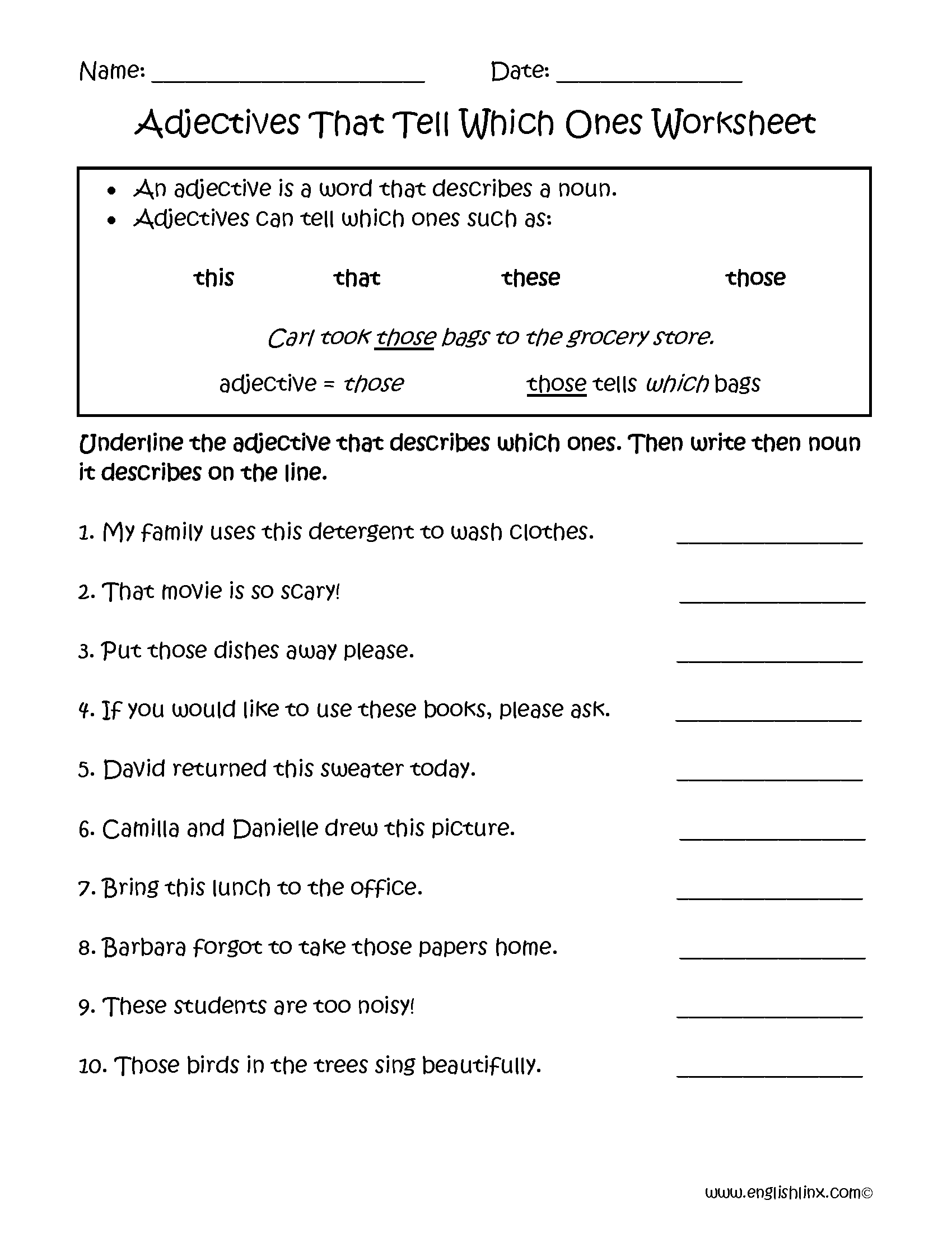 Worksheet image featuring an activity to identify adjectives for various pictures
