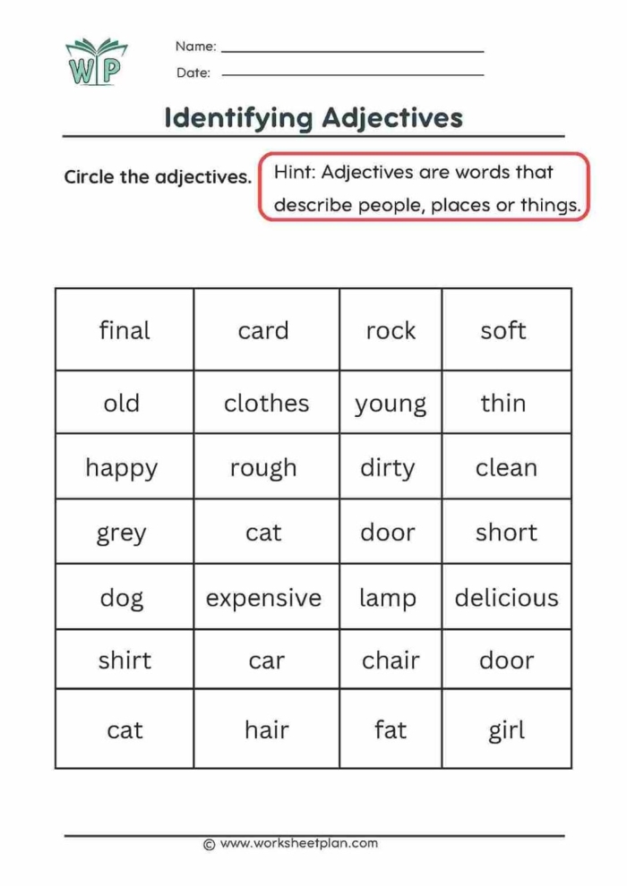 A worksheet for first graders to identify adjectives related to various pictures. Identify Adjectives exercise focusing on descriptive words for image 7.