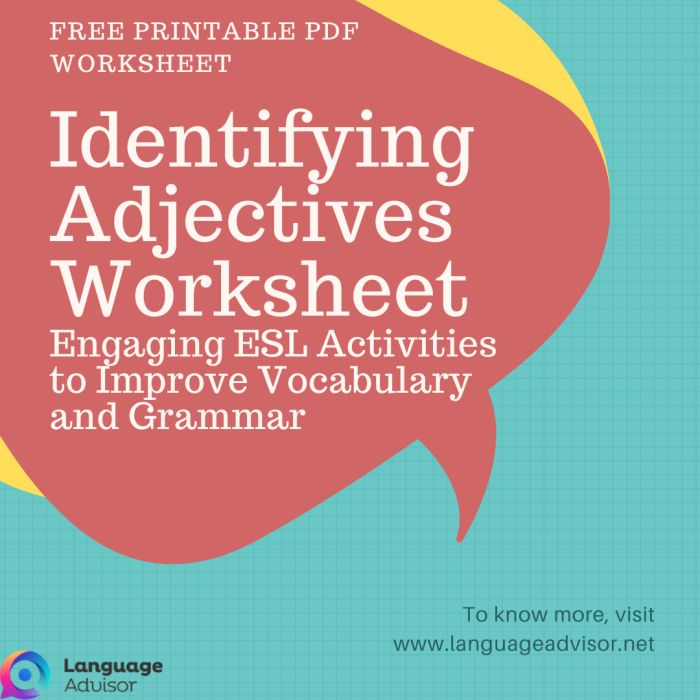 Worksheet featuring exercise to identify adjectives in pictures for first graders