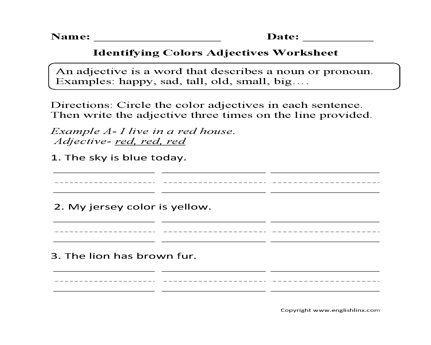 Worksheet featuring various images to identify adjectives in first grade