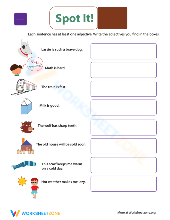 Worksheet for identifying adjectives in pictures for first graders