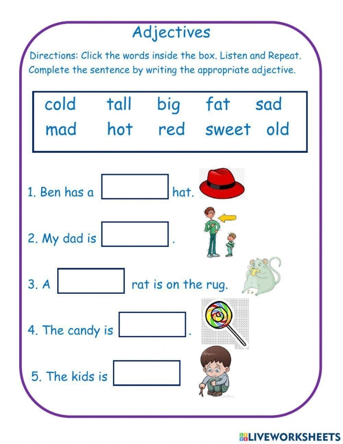 Worksheet prompt for identifying adjectives in various pictures for first graders