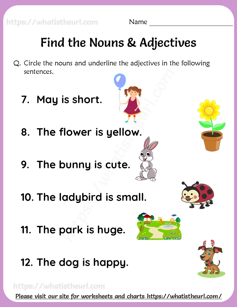 A colorful worksheet for first graders focused on identifying adjectives through picture descriptions. Worksheet exercise number 17 for identifying descriptive words.
