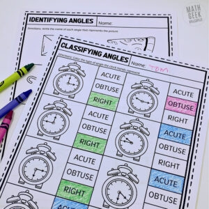 Counting and classifying angles with the Let's See Those Angles worksheet for young learners First Grade worksheet page showing various shapes for counting angles in Let's See Those Angles activity
