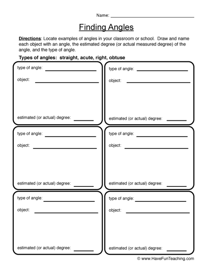 Let's See Those Angles! worksheet for early learners practicing angle recognition and shape sorting First Grade worksheet focused on identifying and counting angles in different shapes