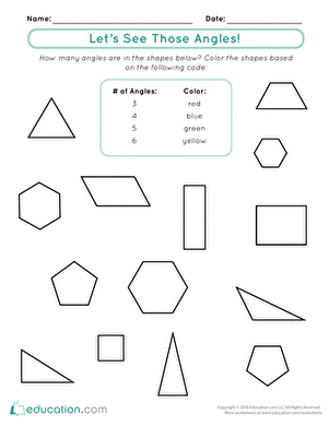 Explore angles with this engaging Let's See Those Angles! worksheet for young learners First Grade worksheet focused on identifying and counting angles in different shapes